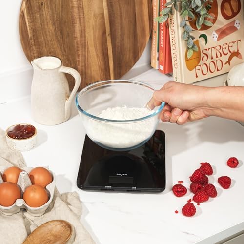 Salter 1150 BKDR Digital Kitchen Scales, Stylish Glass Design, Cooking Scale for Home/Kitchen, Measures Liquids & Fluids, Metric/Imperial, Add & Weigh Function, Red Easy Read Display, Black