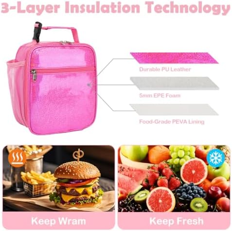 FlowFly Kids Lunch box Insulated Soft Bag Mini Cooler Back to School Thermal Meal Tote Kit for Girls, Boys, PU Pink