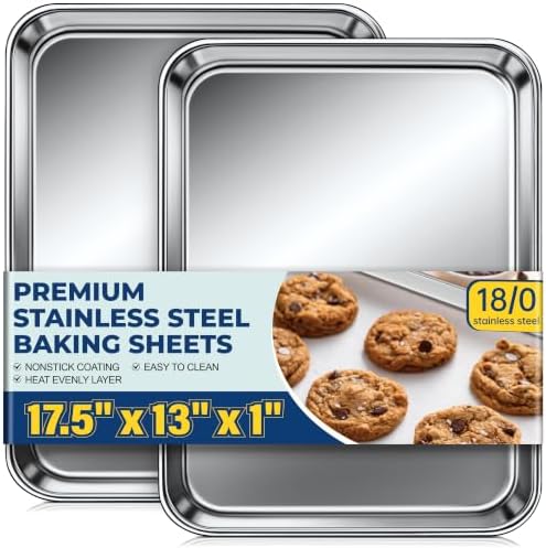 Baking Sheet Pan Set of 2, Stainless Steel Cookie Sheets for Baking, 18 x 13 Inch Large Baking Tray for Oven, Warp Resistant Nonstick Half Sheet Pan, Heavy Duty & Easy Clean