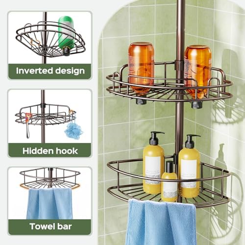 HAMITOR Corner Bathroom Organizer, 4-Tier Tension Pole Shower Caddy, Bronze