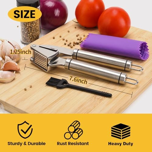 BURLIHOME Stainless Steel Garlic Press Mincer,Heavy-Duty,Purple Peeler Tube