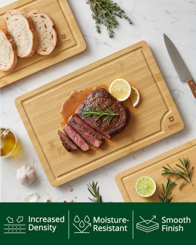ROYAL CRAFT WOOD Wooden Cutting Boards for Kitchen Meal Prep & Serving - Bamboo Wood Serving Board Set with Deep Juice Groove Side Handles - Charcuterie & Chopping Butcher Block for Meat