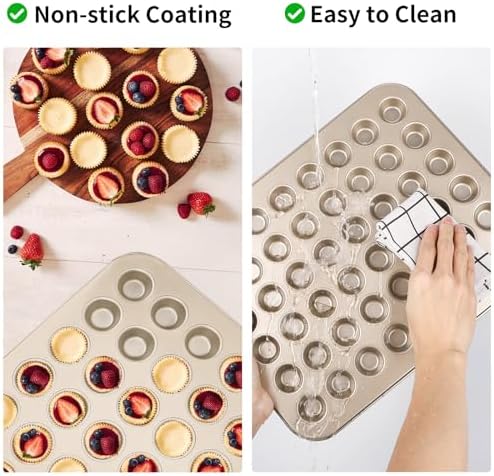 Beasea Nonstick Mini Muffin Pan 48 Cups, 2 Pack 48 Mini Small Tiny Cup Non Stick Muffin Baking Pan Tin Tray Carbon Steel Bakeware Individual Cupcake Baking Pan - Gold