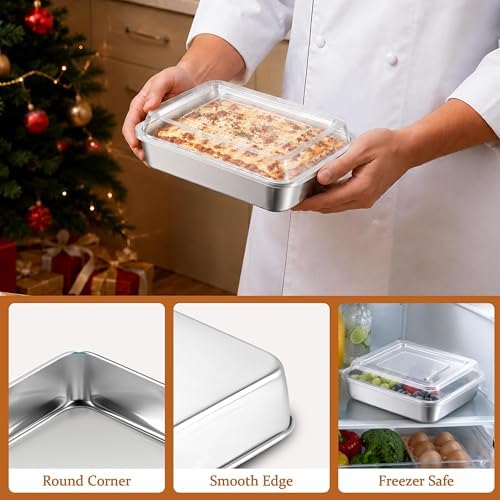 LIANYU Baking Cake Pan with Lid, 9 x 7 Inch Rectangle Lasagna Pans Set of 2