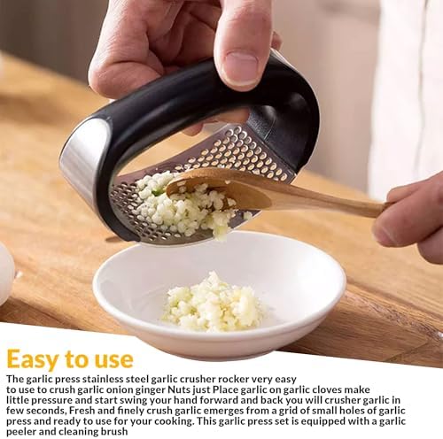 Garlic Press - Stainless Steel Rust Proof & Dishwasher Safe Garlic Twister Mincer, Durable Garlic Crusher Chopper with Peeler, Brush, Easy to Clean, Kitchen Gadgets Tool for Garlic, Ginger, Spices