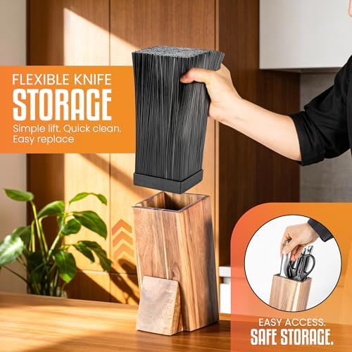 Acacia Wood Angled Knife Block with Multi-Purpose Holder – Universal Kitchen Knife Storage with Removable Bristle Insert (cinamon, regular medium)