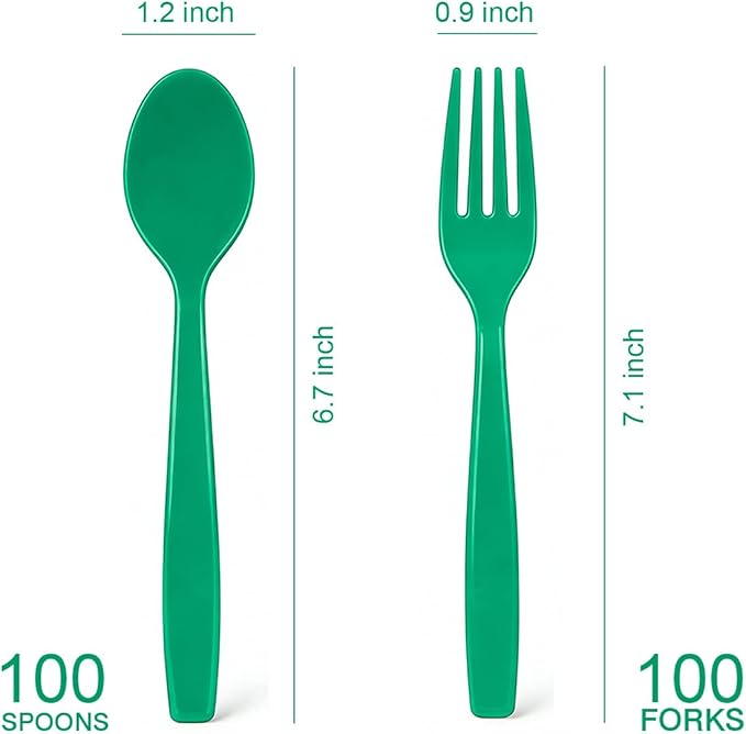 200 Count Green Plastic Silverware, Heavy Weight Plastic Forks Spoons Disposable Utensils Cutlery Set for Wedding Party Supplies Everyday Use