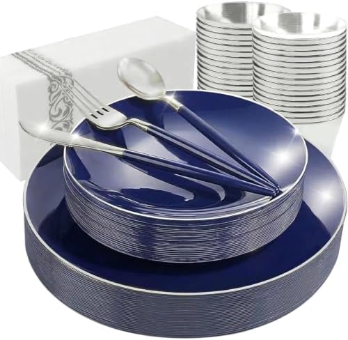 KIRE 175Pcs Blue Plastic Plates with Silver Rim & Disposable Silverware with Blue Handle & Silver-rim Cups & Hand Napkin & Plastic Dinnerware for Parties/Wedding