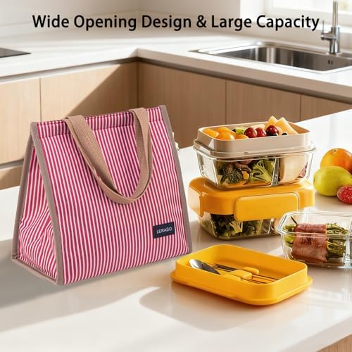 Insulated Lunch Bag for Work, 10.2"x5.9"x10.2" Oxford Waterproof Lunch Tote, Thermal Lunch Box for Office, Picnic & Outdoor, Red and White Striped Canvas Tote Bag