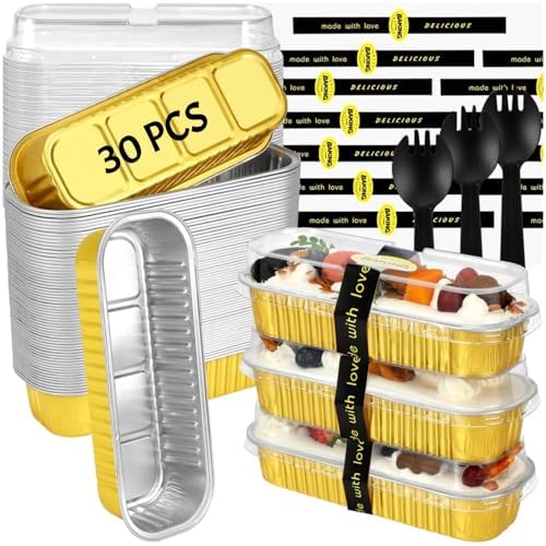 30 Pack Gold Mini Rectangular Aluminum Foil Loaf Pans with Lids 6.8oz, Spoons & Sealing Stickers Included - Perfect for Baking Mini Cakes, Parties & Gifting