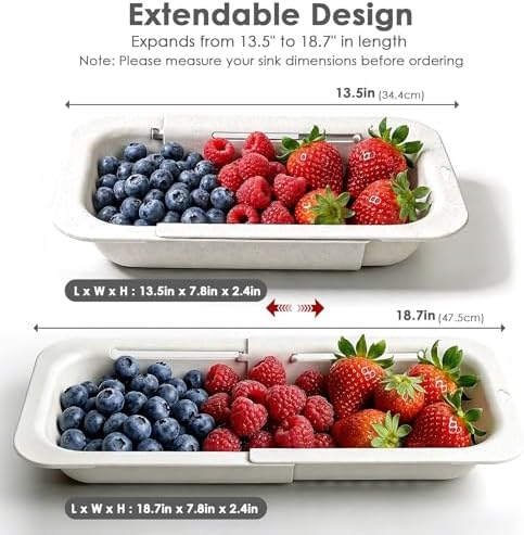 Over the Sink Colander Strainer Basket, Extendable Colander and Strainer for Kitchen, Wash Vegetables and Fruits, Drain Pasta and Dry Dishes, Adjustable Colander from 13.5In to 18.7In, White