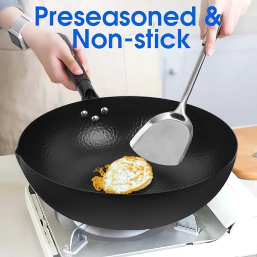 Souped Up Recipes 13.4 Inch Carbon Steel Wok For Electric, Induction and Gas Stoves (Lid, Spatula and User Guide Video Included)