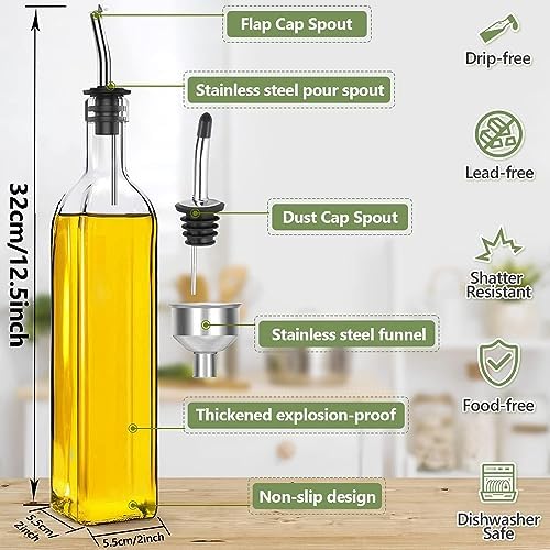 Leaflai Olive Oil Dispenser, 500 ml/17 oz Vinegar and Olive Oil Bottle Dispenser Oil Bottles for Kitchen with 1 Pourers,2 Labels and 1 Funnel, Home Square Tall Glass Oil Container As Gift