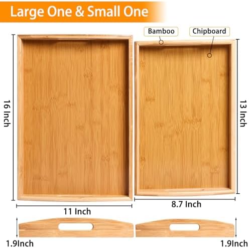 2-Pack Bamboo Serving Trays with Handles, 16" and 13", Decorative Food Tray Set for Breakfast, Coffee, Tea, Snacks, Ideal for Coffee Table, Ottoman, Living Room & Kitchen
