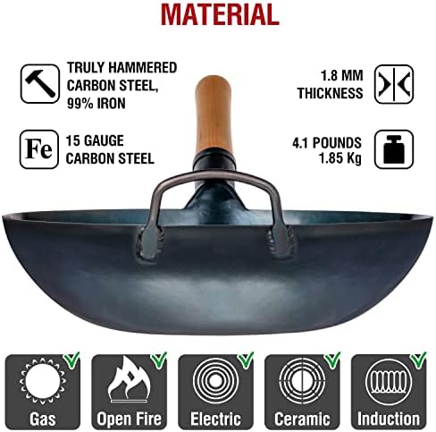 YOSUKATA 13.5" Pre-Seasoned Flat Bottom Blue Carbon Steel Wok for Stir Fry