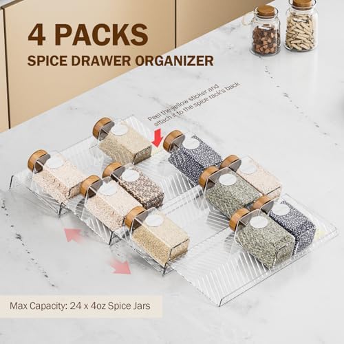 PanPanPal Spice Drawer Organizer, 4 Pack Clear Seasoning Organizer Rack