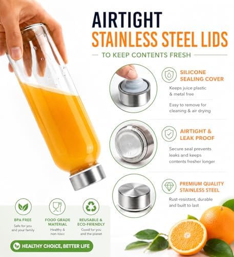 Zukro 18 oz Clear Glass Juice Bottles with Stainless Steel Lids Leak Proof