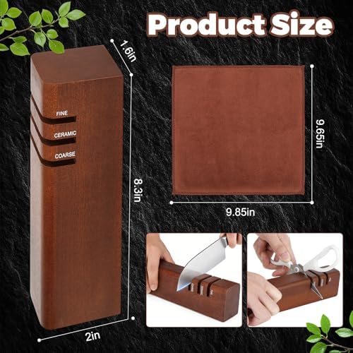 3-Stage Knife Sharpener, Carborundum+Ceramic+Tungsten Steel, 8.3"x1.6"x2" Professional Chef & Pocket Knife Sharpener with Premium Cleaning Cloth, Non-Slip Base, Universal for Kitchen/Outdoor Knives