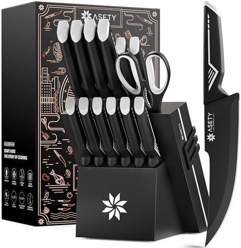 ASETY Kitchen Knife Set, 15 PCS Knife Block Set, Dishwasher Safe, White