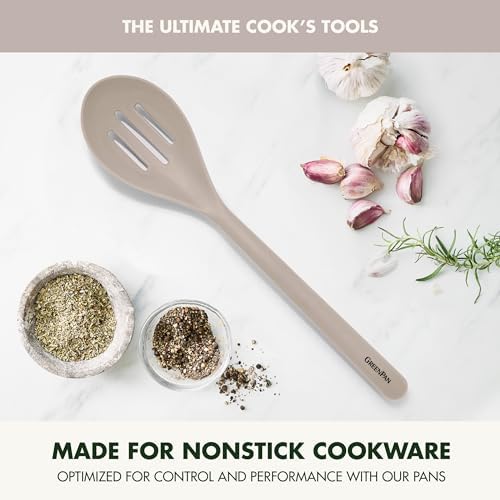 GreenPan Silicone Slotted Spoon, Cooking Kitchen Utensil, Mixing Stirring Serving, Flexible Rubber Nonstick Cookware, Rigid Steel Core Heat-Resistant, Anti-Slip Handle, BPA-Free Dishwasher Safe, Taupe