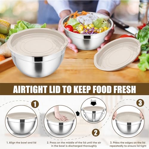 P&P CHEF Metal Mixing Bowls with Lids Set, Airtight Lids & Khaki