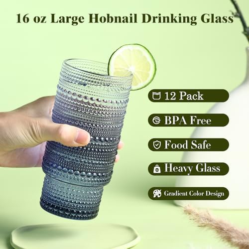 Large Capacity 16 oz Hobnail Drinking Glasses Set of 12, Vintage Glassware Drinking Glasses, Gray-blue Water Glasses Tumbler, Cups for Kitchen, Juice, Beer, Cocktail, Whiskey