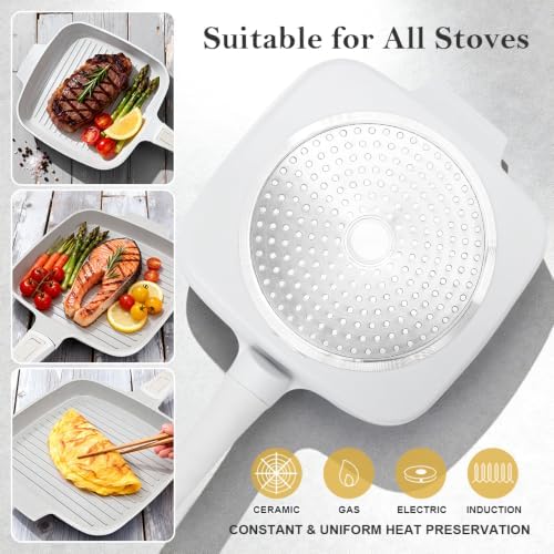 RANX INGST Nonstick Ceramic Griddle Pan with Lid, 10 Inch Steak Pan- White