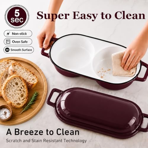 Double Dutch Oven for Sourdough Bread Baking,2.2QT Enameled Cast Iron Dutch Oven Pot with Lid,500°F Oven Safe Non Stick Bread Loaf Pan,Sourdough Baking Pan for Homemade Baking（Burgundy）