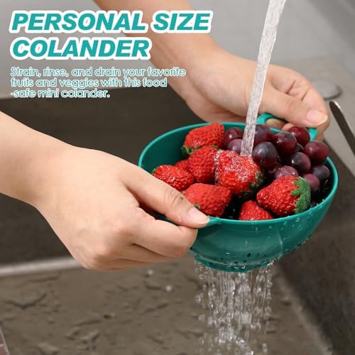Baderke 4 Pack Mini Colander for Kitchen Plastic Berry Strainer with Double Handles 7.5 x 6 x 3 Inch Small Colander Strainer for Fruits Vegetables Food (Light Blue,Army Green,White,Blue)