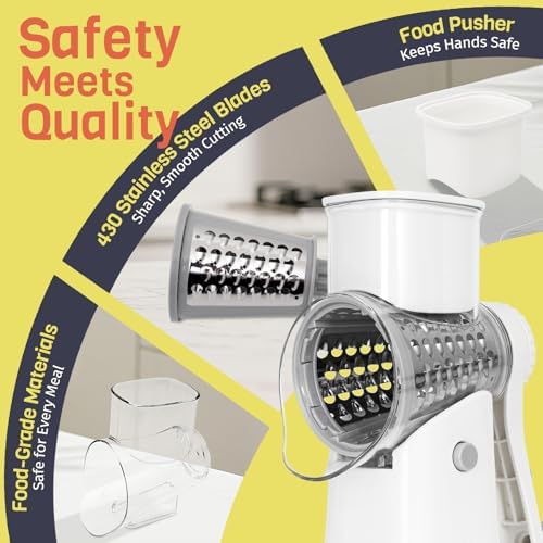 5-in-1 Rotary Cheese Grater Hand Crank, Vegetable Slicer Shredder with 5 Interchangeable Blades, Graters for Kitchen, Safe Kitchen Tool for Cheese, Nuts, Chocolate, White