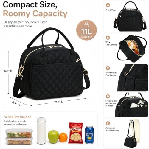 CAMTOP Lunch Box for Women Insulated Lunch Bag Large Lunchbox Cooler Thermal Leakproof Quilted Reusable Lunch Tote Bag for Work School Travel Picnic