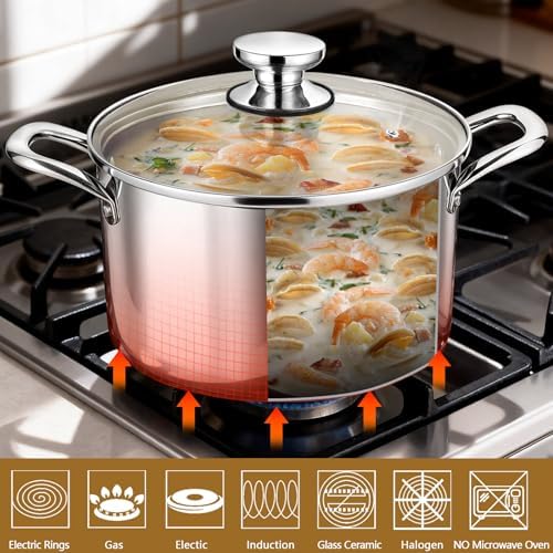 P&P CHEF 8 Quart Tri-Ply Stainless Steel Stock Pot, Cooking Pot with Lid