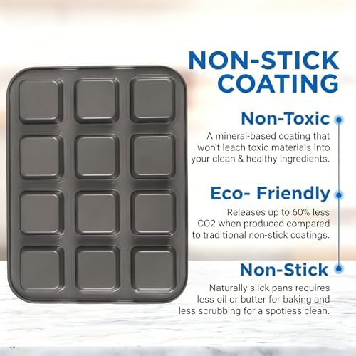 12 Cavity Brownie Pan with Dividers, Non Stick Square Carbon Steel Muffin Baking Bakeware with 300 PCS Parchment Liners, Dark Gray