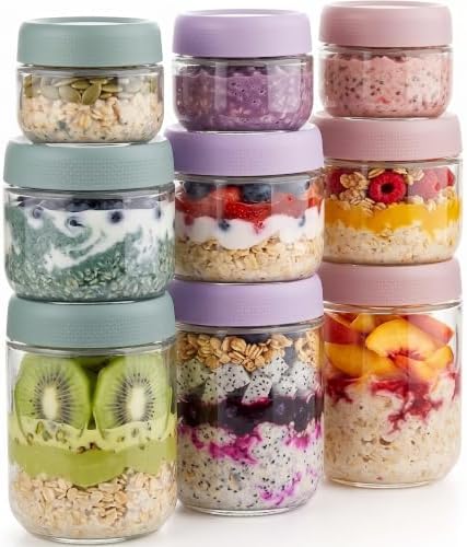Airtight Glass Food Storage Containers with Screw Lids, Wide Mouth Overnight Oats Jars, Meal Prep Containers for Salad Dressing, Condiment, Spice, Baby Food Snacks (Mix-9Pack)
