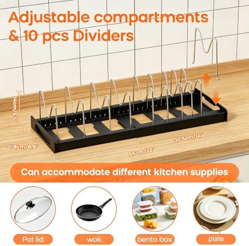Nigelia 2 Pack Pots and Pans Organizer for Under Cabinet, 22" Expandable Food Storage Container Lid Organizers with 10 Adjustable Dividers Pot Lid Holders Rack Inside Cabinet&Kitchen Countertop(Black)