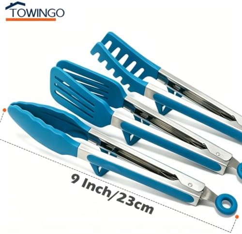 9" Kitchen Tongs for cooking with Silicone Tips, Salad Tongs, Peacock Blue