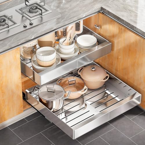 Pull out Cabinet Organizer, Stainless Steel Expandable(12"-20") Heavy Duty Slide out Drawers Fixed with Adhesive Nano Film for Pots, Roll out Shelf Storage for Kitchen Base(Silver-2pcs)(3 Rails)