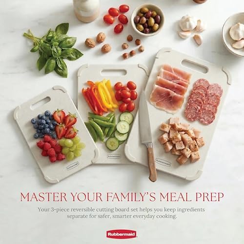 Rubbermaid 3pc Reversible Wheat Fiber Cutting Board Set | BPA Free Non Toxic Cutting Boards for Kitchen – Dishwasher Safe, Non-Slip Corners & Lightweight | For Meat, Veggies & Fruits