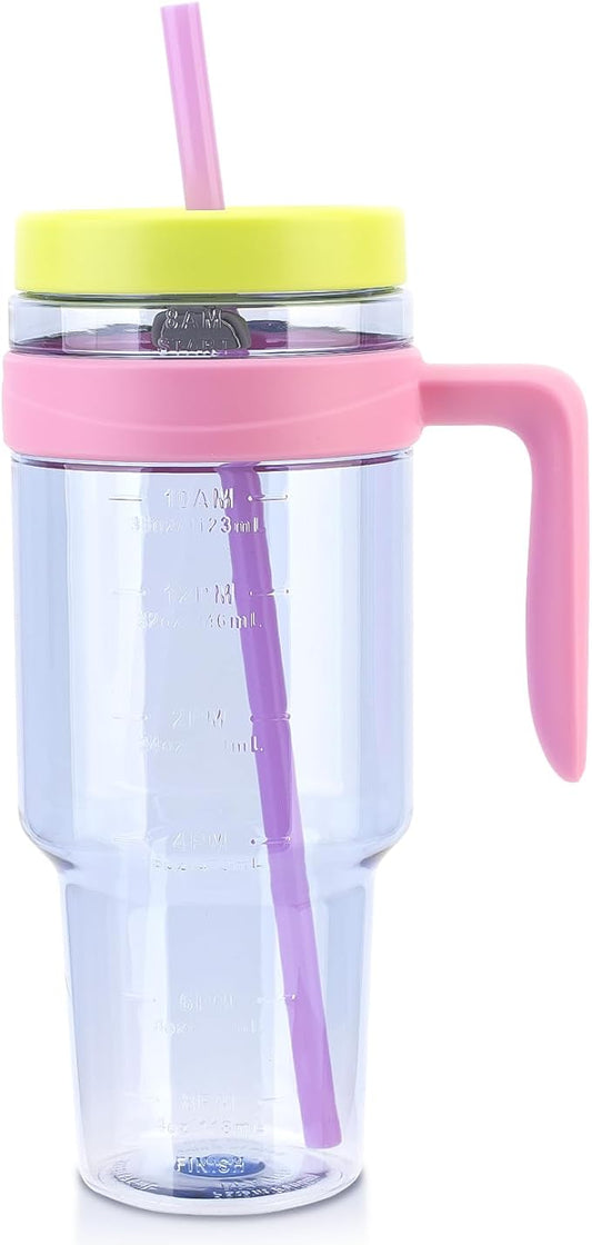 50oz Tritan Plastic Tumbler | Leak-Proof Tumbler with Handle and Time Marker | Reusable BPA-Free Water Bottle | Wide Mouth | Single-Walled | Gifts for Women Men Her Him