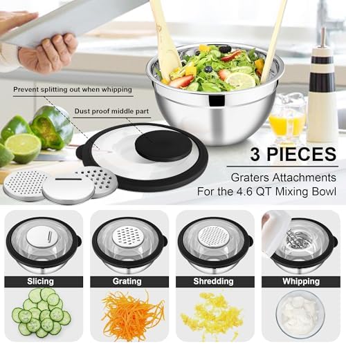 E-far Mixing Bowls, Stainless Steel Salad Mixing Bowl with Lid & Grater Set