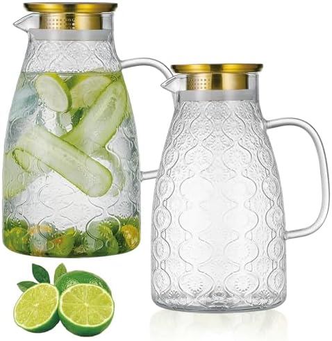 Buaic Glass Pitcher with Lid,2 PACK 84 oz/2.5 Liter Vintage Water Pitcher