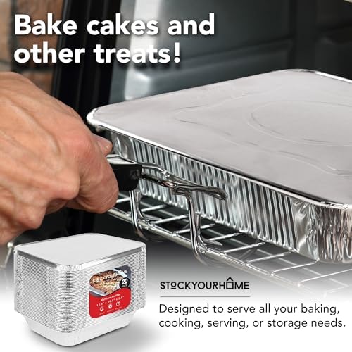 Stock Your Home Foil Pans with Lids - 9x13 Aluminum Pans with Covers - 20 Foil Pans and 20 Foil Lids - Disposable Food Containers Great for Baking, Cooking, Heating, Storing, Prepping Food Silver