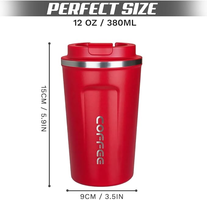 Travel coffee mugs leak-proof, reusable coffee cup with lid, stainless steel vacuum insulated coffee tumblers, thermal insulation cups for men & women keep drinks hot & cold (2nd-Red, 12OZ)