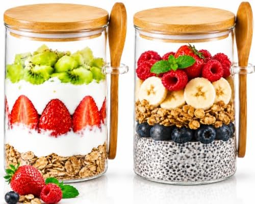 Overnight Oats Containers With Lids and Spoons, 2pack Glass Jars with Bamboo Lids, Leak-Proof Overnight Oats Jars for Cereal, Yogurt, Chia Pudding