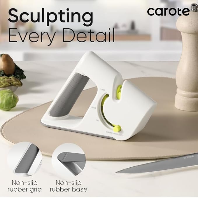 CAROTE 4-in-1 Knife Sharpener for Kitchen Knives Pocket Knife Sharpener Helps Repair, Restore,Polishe Blades, Safe & Easy to Use with Non-Slip Base and Grip Light Grey