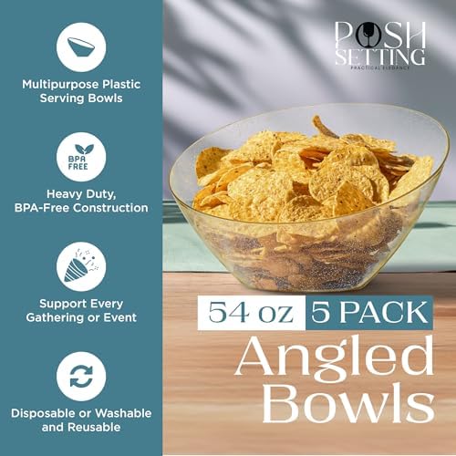 5 Pack Gold Plastic Angled Serving Bowl Disposable for Party Table 54oz