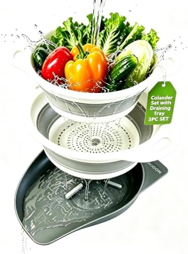 AUOON Collapsible Colander Set (3QT + 4QT) with Draining Base, White+Gray
