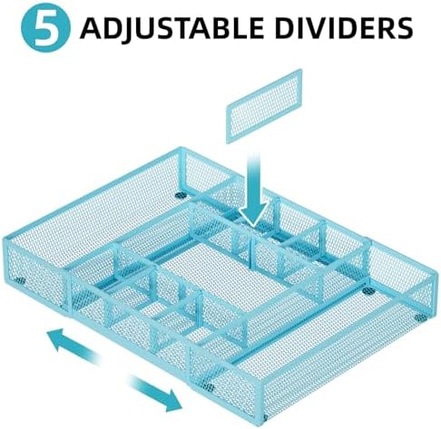 Marbrasse Expandable Desk Drawer Organizer, Mesh Drawer Organizer Tray with 10 Adjustable Compartments, Desk Organizers and Accessories for Office Supplies, Makeup & Vanity (Expandable-Blue)