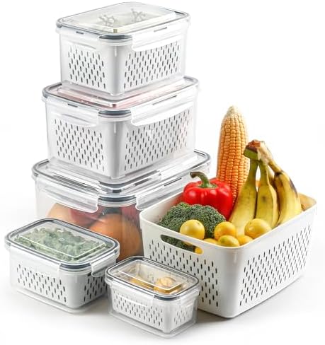 5 Set Fruit Storage Containers for Fridge with Colander, Produce & Veggie