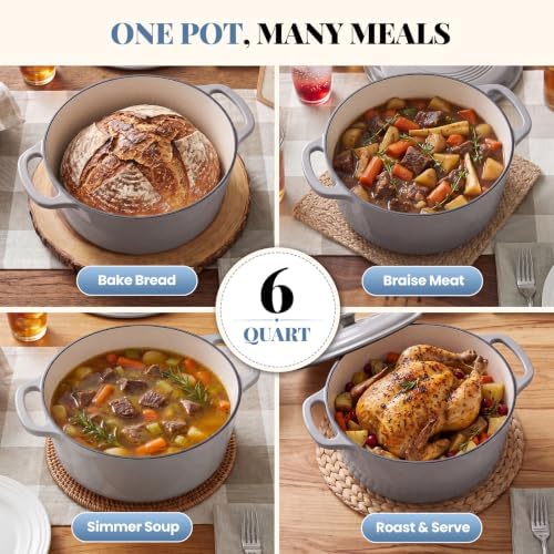 DUMOS Cast Iron Dutch Oven, 6 Quart Pot with Lid, Enameled Heavy Duty Cookware, Oven Safe to 500°F, Perfect for Bread Baking, Braising, Stews and Roasting, Moisture Sealing Lid with Dual Handles, Grey
